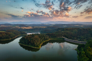 Beautiful Pilchowickie lake at sunset, Lower Silesia. Poland