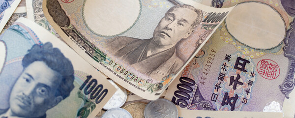 Japanese yen notes and Japanese yen coins for money concept background. save concept. - obrazy, fototapety, plakaty