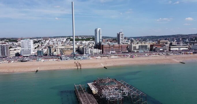 4K Aerial drone footage taken from the west pier to the i360 and Brighton seafront. Brighton Pride Parade 2022