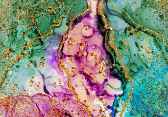 The golden lines and dust on Alcohol ink fluid abstract texture fluid art with gold glitter and liquid.