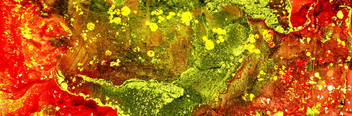 Gold dust and drops on deep and dark red Alcohol ink fluid abstract texture fluid art with gold glitter and liquid.