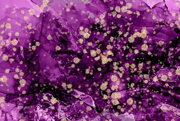 Golden drops on purple Alcohol ink fluid abstract texture fluid art with gold glitter and liquid.