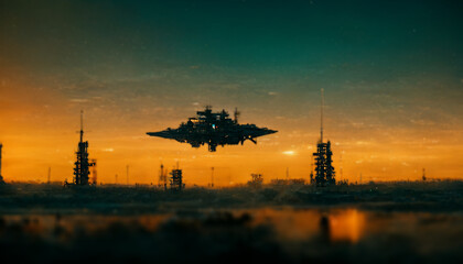 Floating UFO space craft, UFO sightings, UFO at  Sundown 3d rendering