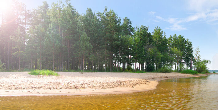 A small cozy sandy beach on the Gorodomlya island on Lake Seliger. Ostashkov, Tver region, Russia