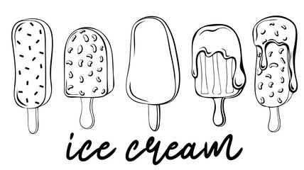 Collection of outline ice cream with chocolate syrup isolated on white background. Sweet dessert. Contour drawing vector illustration