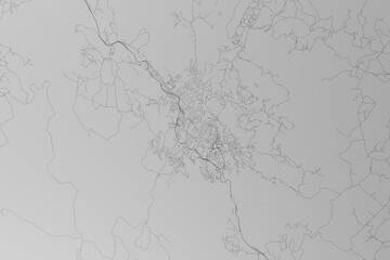 Map of the streets of Mbabane (Eswatini) made with black lines on grey paper. Top view. 3d render, illustration