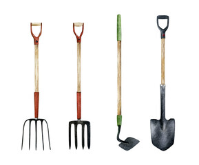 Watercolor hand-drawn gardening tools illustrations set: spade, hoe, garden rake, fork. Garden equipment isolated on white background for decor, cards, and logo - obrazy, fototapety, plakaty