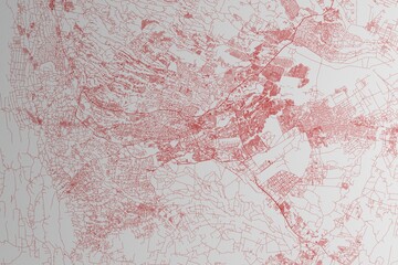 Map of the streets of Nairobi (Kenya) made with red lines on white paper. 3d render, illustration