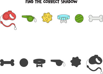 Find the correct shadows of dog accessories. Logical puzzle for kids.