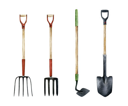 Watercolor hand-drawn gardening tools illustrations set: spade, hoe, garden rake, fork. Garden equipment isolated on white background for decor, cards, and logo