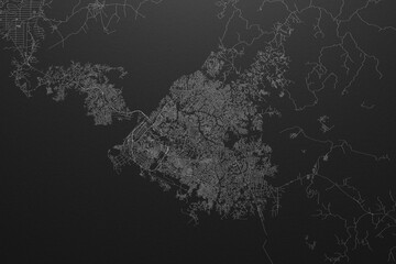Street map of Douala (Cameroon) on black paper with light coming from top