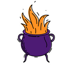 Halloween cartoon cauldron with flame. Vector illustration
