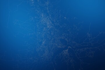 Stylized map of the streets of Bangui (Central African Republic) made with white lines on abstract blue background lit by two lights. Top view. 3d render, illustration