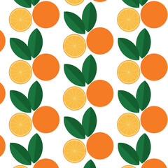 Seamless Orange pattern with tropic fruits, leaves, flowers background.