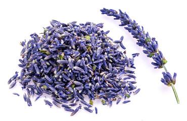 Heap of lavender flower buds closeup isolated on white background. Top view.