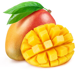 Mango fruits with green leaves and mango cut in hedgehog style. File contains clipping path.
