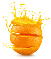 Sliced orange fruit splashing around orange juice on the white background. File contains clipping...