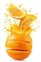 Sliced orange fruit with splash of juicy crown on white background. Conceptual food and drink picture. File contains clipping path.