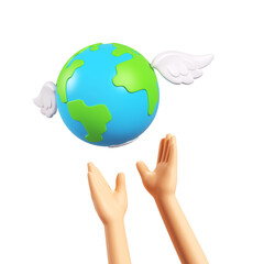Sustain earth concept: Human hands holding global with wings over white isolated background. Elements of this image furnished. Green Planet in Your Hands. Save Earth. Environment Concept. 3d render