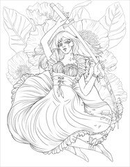 Dark fantasy anime girl. Adult coloring book pages.