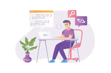 Programmer working concept in flat style with people scene. Happy man coding and programming at laptop sitting desk at home office. Developer doing tasks online. Vector illustration for web design