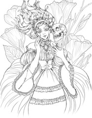 Dark fantasy anime girl. Adult coloring book pages.