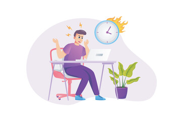 Deadline concept in flat style with people scene. Frustrated and angry man working on laptop, rushing to complete work tasks on time, getting stressed at overtime. Vector illustration for web design