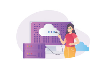 Cloud computing concept in flat style with people scene. Happy woman working with cloud service platform and maintenances hosting connection, data storage at server. Vector illustration for web design