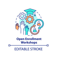 Open enrollment workshops concept icon. Method for learning experience abstract idea thin line illustration. Isolated outline drawing. Editable stroke. Arial, Myriad Pro-Bold fonts used