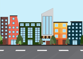 Urban landscape with building, trees and road. vector illustration flat style. building, urban, office, home, cafa, community.