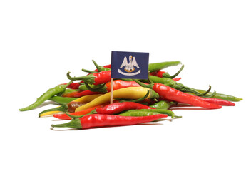 Mixed Color Fresh Cayenne Peppers With Flag of Louisiana Isolated on White Background