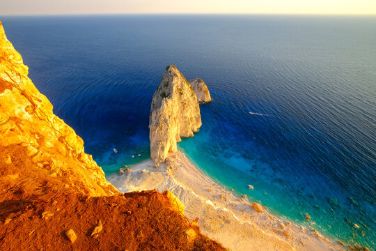 Beautiful view of Mizithres(Myzithres) rocks at Ionian sea on Zakynthos island, cozy beach, near Keri lighthouse , west coast of Zakynthos at sunset