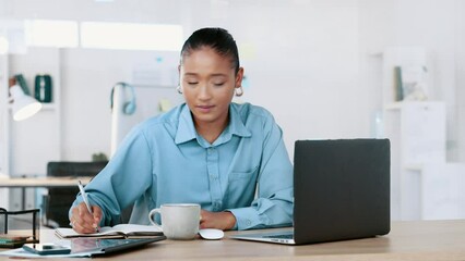 Female business worker working on a computer while busy at an office desk. Modern, serious and concentrating corporate worker typing an email. Smart young woman writing and making work notes