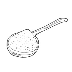 Wooden spoon with food - sketch flour, rice, sea salt, spirulina, spice, potato, oat, sugar, porridge. Doodle hand drawn vector illustration, vintage drawing, isolated white background