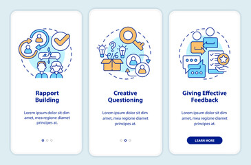 Obraz na płótnie Canvas Steps of coaching onboarding mobile app screen. Creative questioning walkthrough 3 steps editable graphic instructions with linear concepts. UI, UX, GUI template. Myriad Pro-Bold, Regular fonts used