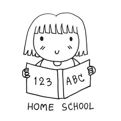 Cute girl holding and reading the book , With text home school learning , doodle cartoon hand drawing