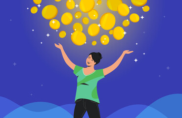 Young happy woman standing under golden coins fall. Vector illustration of people investing money on growing financial markets to become a millionaire. Isolated on bright gradient background