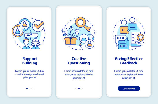 Steps of coaching onboarding mobile app screen. Creative questioning walkthrough 3 steps editable graphic instructions with linear concepts. UI, UX, GUI template. Myriad Pro-Bold, Regular fonts used