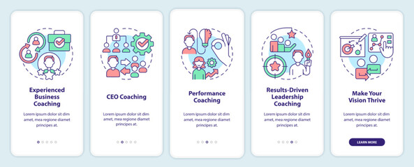Business coaching services onboarding mobile app screen. Performance walkthrough 5 steps editable graphic instructions with linear concepts. UI, UX, GUI template. Myriad Pro-Bold, Regular fonts used