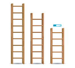 set of realistic wooden stairs or metal ladder step for construction needs or staircase ladder with rope. eps vector
