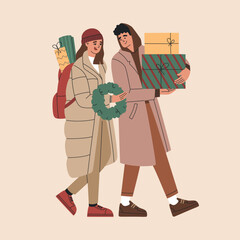 Happy guy with girl in outerwear go and carrying gift boxes, advent wreath, prepare to celebrate Xmas and New Year. Hand drawn vector illustration isolated on light background. Flat cartoon style