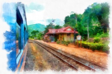 Obraz premium The landscape of the Thai train station in the provinces of Thailand watercolor style illustration impressionist painting.