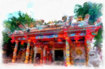 Landscape of ancient chinese shrine watercolor style illustration impressionist painting.