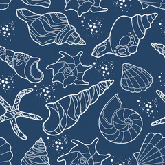 Contour drawing of seashells on a dark blue background. Seashells seamless pattern for wallpaper, wrapping paper, bed, bathroom tiles, clothes or bedding. Phone case or fabric print.