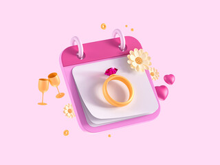 Calendar with ring and flowers. Just married. Wedding invitation. Creative design icon isolated on pink background. 3D Rendering