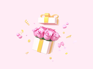 Open gift box with rose flowers, minimal surprise package on pink background. Celebration metaphor, revealing the concept of Wedding, women's holiday and gifts for the anniversary. 3d render