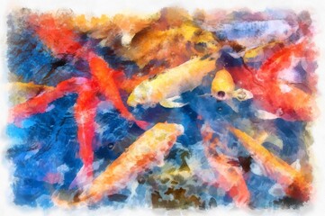A group of koi fish in the pond watercolor style illustration impressionist painting.