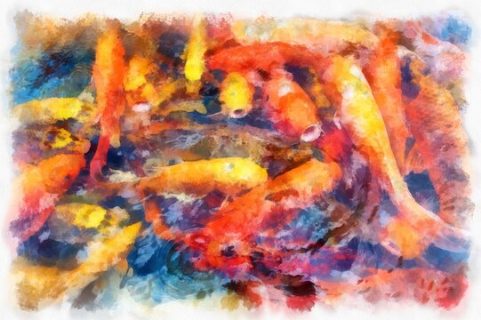 A Group Of Koi Fish In The Pond Watercolor Style Illustration Impressionist Painting.