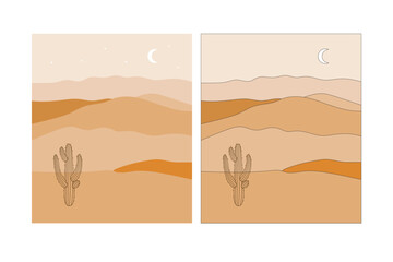 Desert landscape in flat design and line colored design. Desert dunes, Sahara. Hand-drawn dunes with the moon, saguaro cactus, and sand.