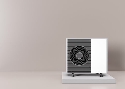 Air heat pump on beige background. Modern, environmentally friendly heating. Air source heat pumps are efficient and renewable source of energy. Free, copy space for your text, advertising. 3d render.